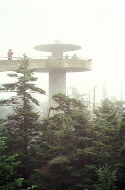 At an elevation of 6,643 feet, the observation tower at Clingmans Dome stands on the park's highest peak.