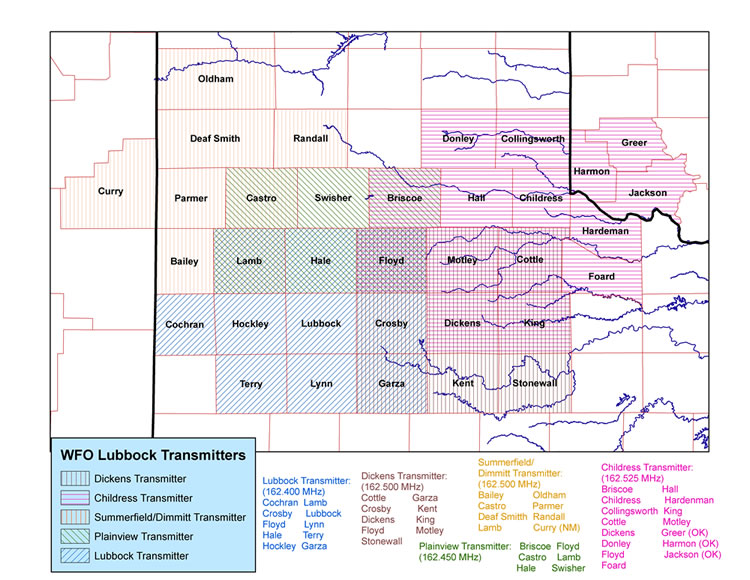 Image of counties that are toned for the various Lubbock NOAA Weather Radio Transmitters.