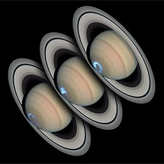 3 superimposed mages of Saturn and its rings. 