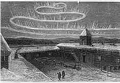 Black and white print depicting  northern lights over a wooden fort.  