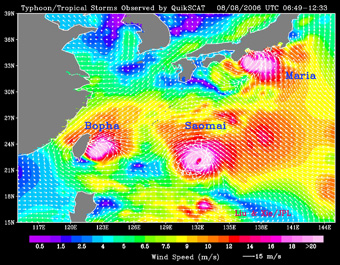 QuickScat Image of Three Typhoons in the Pacific Ocean