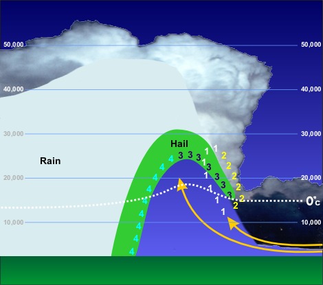 Same cross-section as above showing path of hail within cloud