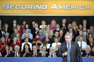 President Bush speaks on the global war on terror at the port of Tampa, Florida, in February 2006