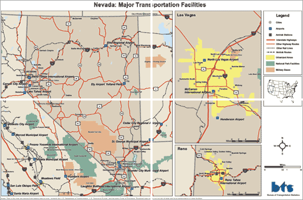 Nevada: Major Transportation Facilities. If you are a user with a disability and cannot view this image, please call 800-853-1351 or email answers@bts.gov for further assistance.