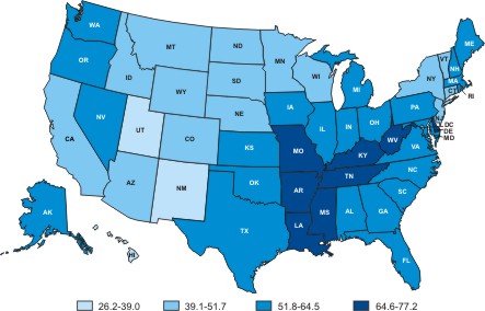 Map of the United States showing lung cancer death rates by state in 2004.