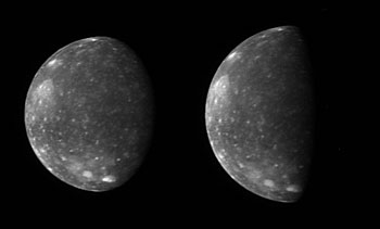 The New Horizons Long Range Reconnaissance Imager (LORRI) captured these two images of Jupiter's outermost large moon, Callisto, as the spacecraft flew past Jupiter in late February.