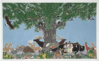 Pairs of birds, animals and insects 

        grouped in and around a tree