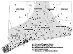 Figure 1. West Nile virus activity in Connecticut, 2000. Locations of mosquito traps, virus isolates from mosquitoes, horse cases, and general distribution of WN virus-positive birds are shown. Source of bird and horse data: Connecticut Departments of Public Health and Agriculture.