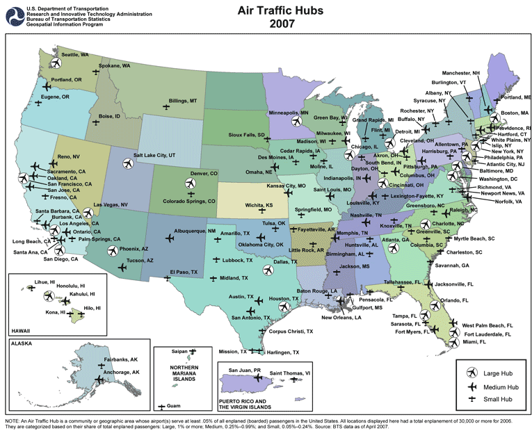 Air Traffic Hubs 2007 map. If you are a user with a disability and cannot view this image, please call 800-853-1351 or email answers@bts.gov for further assistance.
