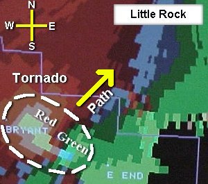 A Storm Relative Velocity image showing strong rotation to the southwest of Little Rock on 01/21/99.