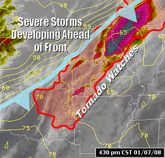 The satellite showed thunderstorms developing ahead of a cold front in the mid-Mississippi Valley, with Tornado Watches in effect as of 430 pm CST on 01/07/2008.