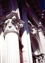 photo of replicative fiberglass columns and aluminum capitals on east facade of the New Market Theater, Portland, OR