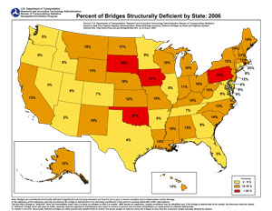 Percent of Bridges Structurally Deficient by State: 2006. If you need further assistance, call 800-853-1351 or email answers@bts.gov.
