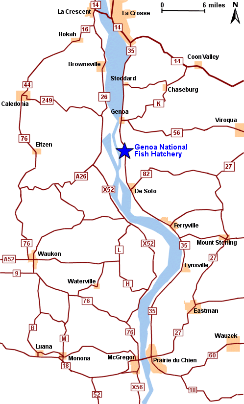 Map showing the location of the hatchery office, three miles south of Genoa on Highway 35.