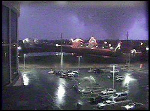 Photo of Evansville tornado, taken by webcam at Deaconess Womenâ€™s Hospital