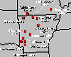 Map showing several lakes in Arkansas and southern Missouri.