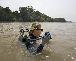 [photo] Diver stands shoulder-deep in river.