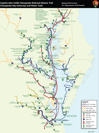 Captain John Smith's historic routes.