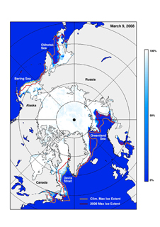 This ice concentration map indicates maximum ice extent in the Northern Hemisphere and the contour of the ice edge in 2006.