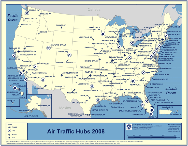 Air Traffic Hubs 2008 map. If you are a user with a disability and cannot view this image, please call 800-853-1351 or email answers@bts.gov for further assistance.