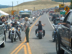 Line of traffic at park's entrance station during Sturgis Rally.