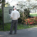 Gentleman reading wayside with blooming flowering dogwood and azaleas in background.