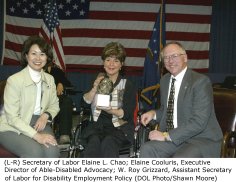 (L-R) Secretary of Labor Elaine L. Chao; Elaine Cooluris, Executive Director of Able-Disabled Advocacy; W. Roy Grizzard, Assistant Secretary of Labor for Disability Employment Policy (DOL Photo/Shawn Moore)