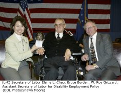 (L-R) Secretary of Labor Elaine L. Chao; Bruce Borden; W. Roy Grizzard, Assistant Secretary of Labor for Disability Employment Policy (DOL Photo/Shawn Moore)
