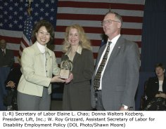 (L-R) Secretary of Labor Elaine L. Chao; Donna Walters Kozberg, President, Lift, Inc.; W. Roy Grizzard, Assistant Secretary of Labor for Disability Employment Policy (DOL Photo/Shawn Moore)