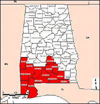 Map of Declared Counties for Disaster 1250