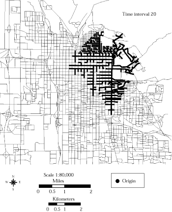 Figure 8 - Dynamic Potential Path Tree in Salt Lake City, Given 10 Minutes Travel Time. If you are a user with a disability and cannot view this image, please call 800-853-1351 or email answers@bts.gov for further assistance.