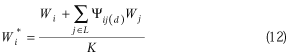 uppercase w superscript {asterisk} subscript {lowercase i} equals ((uppercase w subscript {lowercase i}) plus (summation over lowercase j is an element of uppercase l (uppercase psi subscript {lowercase i j times (lowercase d)}) times (uppercase w subscript {lowercase j}))) divided by uppercase k