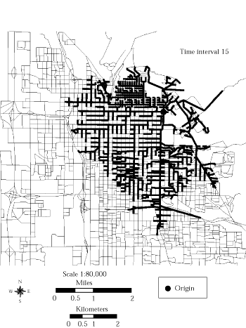 Figure 5 - Dynamic Potential Path Tree in Salt Lake City, Given 15 Minutes Travel Time. If you are a user with a disability and cannot view this image, please call 800-853-1351 or email answers@bts.gov for further assistance.