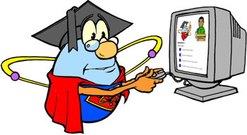 cartoon atom playing a computer game
