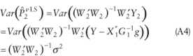 var (uppercase p hat superscript {lowercase v times uppercase l s} subscript {2}) equals var ((uppercase w superscript {'} subscript {2} times uppercase w subscript {2}) superscript {-1} times (uppercase w superscript {'} subscript {2} times uppercase y subscript {2})) equals var ((uppercase w superscript {'} subscript {2} times uppercase w subscript {2}) superscript {-1} times uppercase w superscript {'} subscript {2} times (uppercase y minus (uppercase x superscript {star} subscript {1} times uppercase g superscript {-1} subscript {1} times lowercase g)) equals (uppercase w superscript {'} subscript {2} times uppercase w subscript {2}) superscript {-1} times lowercase sigma superscript {2}