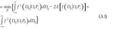 equals minimum over uppercase p {integral from negative infinity to positive infinity lowercase f superscript {2} (uppercase d subscript {lowercase t j} vertical bar uppercase o subscript {lowercase t} times uppercase p subscript {lowercase j}) times lowercase d times uppercase d subscript {lowercase t j} minus 2 times uppercase e [uppercase f (uppercase d subscript {lowercase t j} vertical bar uppercase o subscript {lowercase t} times uppercase p subscript {lowercase j})] plus the integral from negative infinity to positive infinity lowercase f superscript {2} times (uppercase d subscript {lowercase t j} vertical bar uppercase o subscript {lowercase t} times uppercase p subscript {lowercase {0}) lowercase d times uppercase d subscript {lowercase t j}}