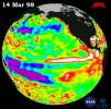 TOPEX/El Niño Watch - Satellite shows El Niño-related Sea Surface Height, Mar, 14, 1998