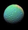 This extreme false-color view of Mimas shows color variation across the moon's surface