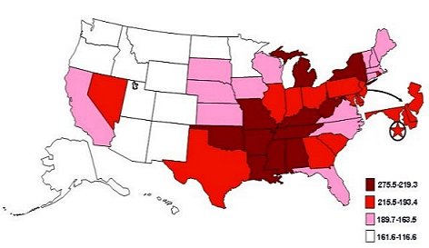 Map of Untied States showing age-adjusted heart disease death rates among women per 100,000 standard population, by state, 2002.