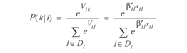 uppercase p (lowercase k vertical bar lowercase i) equals (lowercase e superscript {uppercase v subscript {lowercase i k}}) divided by (summation where lowercase l is an element of uppercase d subscript {lowercase i}) (lowercase e superscript {uppercase v subscript {lowercase i l}}) equals (lowercase e superscript {lowercase beta prime subscript {lowercase i l} times lowercase x subscript {lowercase i l}) divided by ({summation where lowercase l is an element of uppercase d subscript {lowercase i}) (lowercase e superscript {lowercase beta prime subscript {lowercase i l} times lowercase x subscript {lowercase i l})