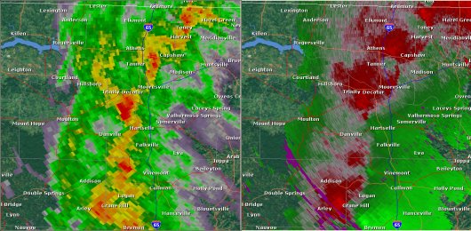 This National Weather Service radar from noon 
                    showed strong rotation northwest of Florence near Central 
                    Heights. The base reflectivity product in the left panel shows 
                    rainfall intensity. The storm relative velocity product in 
                    the right panel shows winds toward (in green) and away (in 
                    red) from the radar at Columbus Air Force Base, MS.