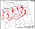 Figure 1 shows the strongest radar echoes, in red, at the indicated times.  The gray outlines the area where most of the damage occurred, while the gray dots indicate specific locations of known damage reports. Click for a large image.