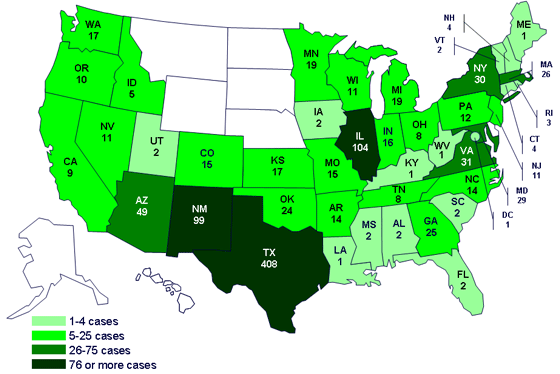 Cases infected with the outbreak strain of Salmonella Saintpaul, United States, by state, as of July 10, 2008 9pm EDT