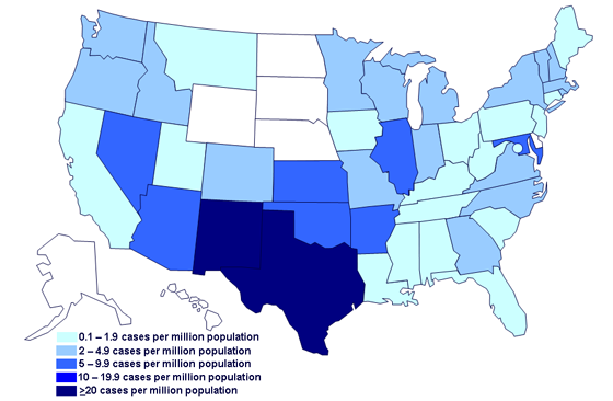 Incidence of cases of infection with the outbreak strain of Salmonella Saintpaul, United States, by state, as of July 24, 2008 9PM EDT