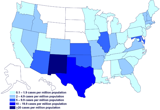 Incidence of cases of infection with the outbreak strain of Salmonella Saintpaul, United States, by state, as of July 6, 2008 9PM EDT