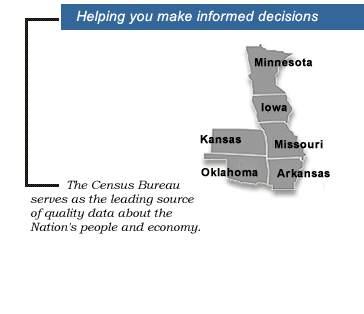 The Census Bureau serves as the leading source of quality data about the Nation's people and economy. We honor privacy, protect confidentiality, share our expertise globally, and conduct our work openly.  We are guided on this mission by our strong and capable workforce, our readiness to innovate, and our abiding commitment to our customers. The Kansas City region includes Arkansas, Iowa, Kansas, Minnesota, Missouri, and Oklahoma