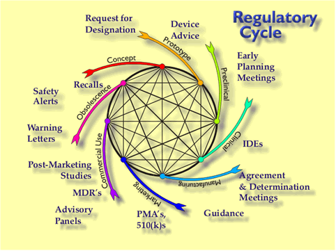 Regulatory Cycle graphic - (Concept), Request for Designation (prototype), Device Advice (Preclinical), Early Planning Meetings, IDE's (Clinical), Agreement & Determinations Meetings (Manufacturing), Guidance, PMA's 510(k)s (Marketing), Advisory Panels, MDR's Postmarketing Studies (Commercial Use), Warning Letters, Safety Alerts (Obsolescence), Recalls