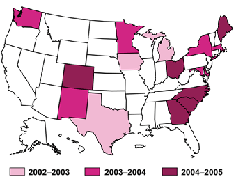 This map of the United States shows the locations of the state-level survey of endoscopic capacity during each of the three years it was conducted. Year 1 sites are highlighted in the lightest color. During the first year of the study, Iowa, Michigan, and Texas were analyzed. Year 2 sites are highlighted with a medium color. During the second year, Maryland, Massachusetts, Minnesota, New Mexico, New York, and Washington were analyzed. Year 3 sites are highlighted in the darkest color. During the final year, Colorado, Georgia, Maine, North Carolina, Ohio, and South Carolina were analyzed.