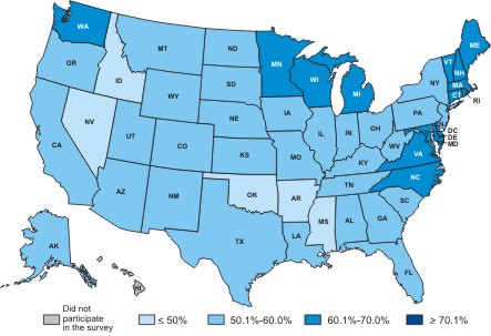 Map shows percentage of adults 50 years or older who reported receiving a fecal occult blood test within 12 months preceding survey and/or lower endoscopy within 10 years preceding the survey, by state, in 2004.