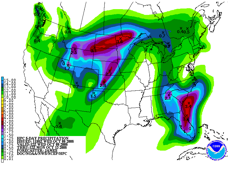 map of 5-day foreast rainfall amounts